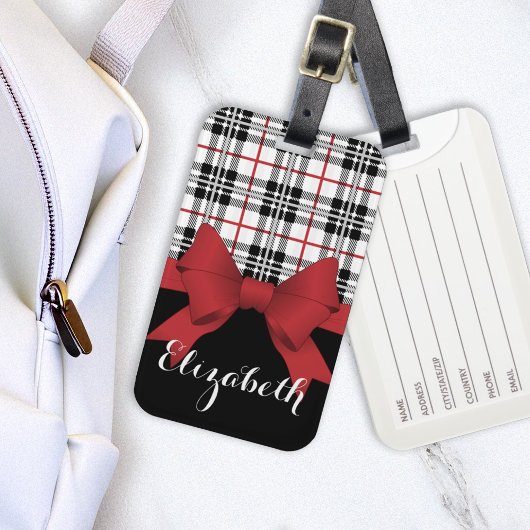Gepersonaliseerde naam Red Ribbon en Tartan Plaid Bagagelabel