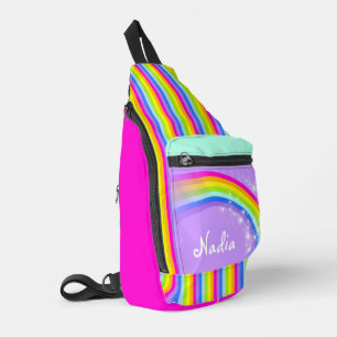 Gepersonaliseerde naam regenboog paarse kinder sch sling bag
