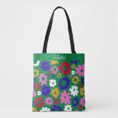 Gepersonaliseerde naam Retro Groene Bloemen Levend Tote Bag (Voorkant)