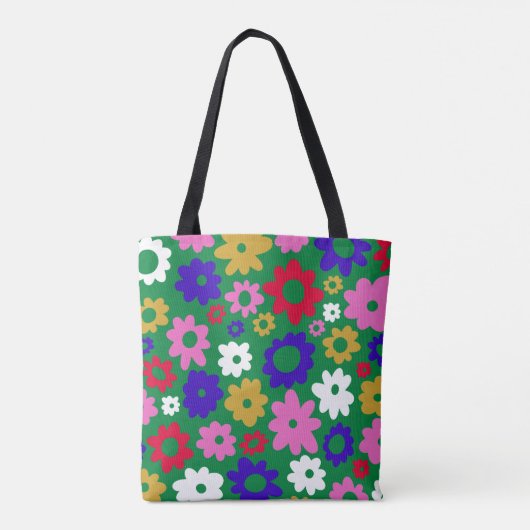 Gepersonaliseerde naam Retro Groene Bloemen Levend Tote Bag (Achterkant)
