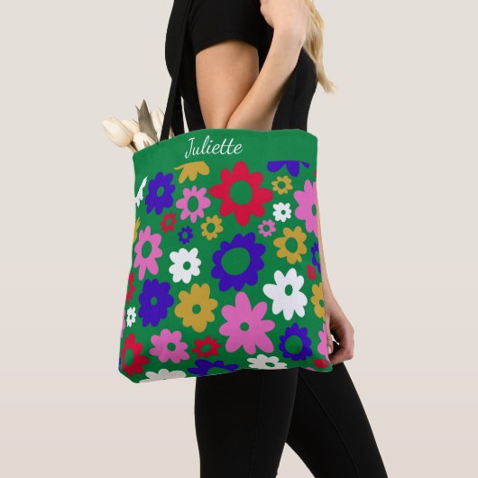Gepersonaliseerde naam Retro Groene Bloemen Levend Tote Bag (Dichtbij)