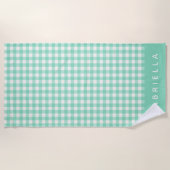 Gepersonaliseerde naam Retro Mint Green Gingham Pl Strandlaken (Voorkant)