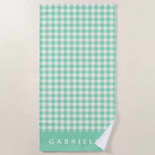 Gepersonaliseerde naam Retro Mint Green Gingham Pl Strandlaken