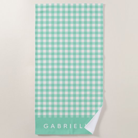 Gepersonaliseerde naam Retro Mint Green Gingham Pl Strandlaken (Voorkant)