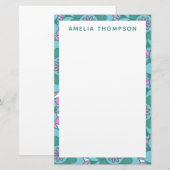 Gepersonaliseerde naam Retro Paarse groene bloem Briefpapier (Voorkant / Achterkant)