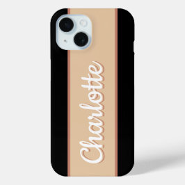 Gepersonaliseerde naam Retro Stripe Beige Zwart iPhone 15 Case