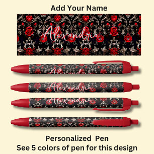 Gepersonaliseerde naam, rode rozen op rood zwarte inkt pen