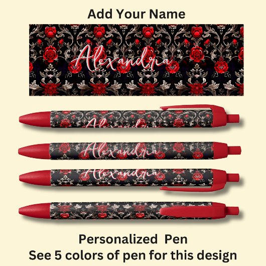 Gepersonaliseerde naam, rode rozen op rood zwarte inkt pen