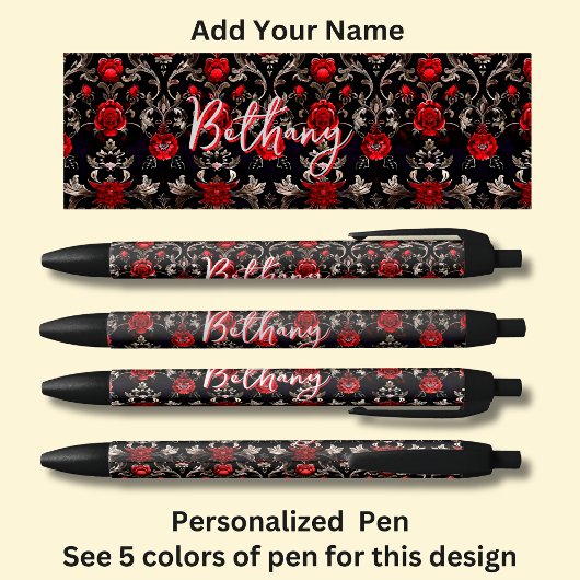 Gepersonaliseerde naam, rode rozen op zwart zwarte inkt pen