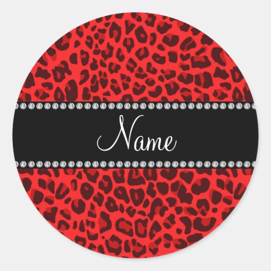 Gepersonaliseerde naam rood luipspatroon ronde sticker (Voorkant)