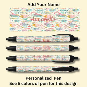 Gepersonaliseerde naam, roze Aqua Boho veren Zwarte Inkt Pen