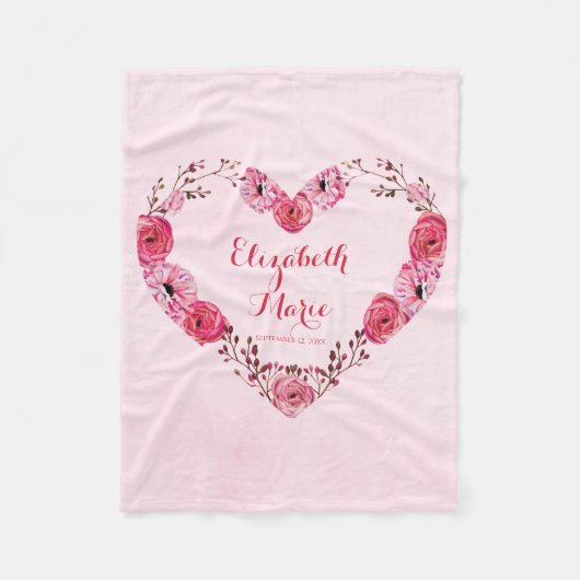 Gepersonaliseerde naam Roze Baby Meisje Bloemen Mo Fleece Deken (Voorkant)