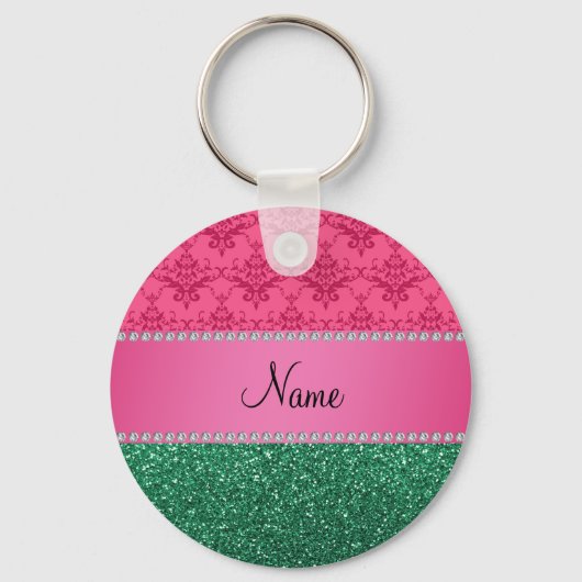 Gepersonaliseerde naam roze demask green glitter sleutelhanger (Voorkant)