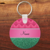 Gepersonaliseerde naam roze demask green glitter sleutelhanger (Voorkant)