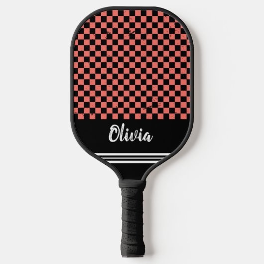 Gepersonaliseerde Naam roze en zwart Checker Patro Pickleball Paddle (Voorkant)