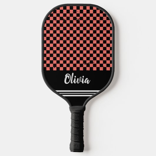 Gepersonaliseerde Naam roze en zwart Checker Patro Pickleball Paddle (Achterkant)