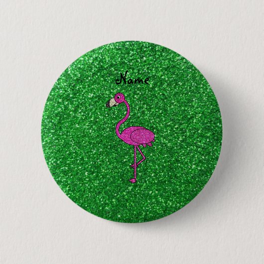 Gepersonaliseerde naam roze flamingo groene glitte ronde button 5,7 cm (Voorkant)
