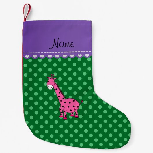 Gepersonaliseerde naam roze giraffe groene polka s kleine kerstsok (Voorkant)