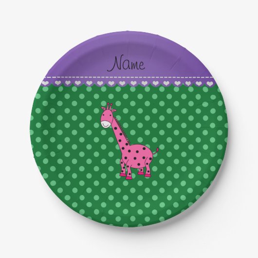 Gepersonaliseerde naam roze giraffe groene polka s papieren bordje (Voorkant)