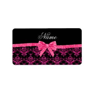 Gepersonaliseerde naam roze glitter damask roze bo etiket