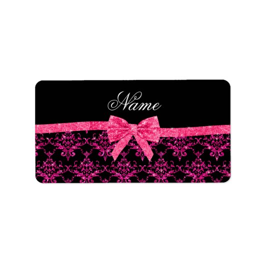 Gepersonaliseerde naam roze glitter damask roze bo etiket (Voorkant)