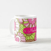 Gepersonaliseerde naam Roze Groene Bloemen Patroon Koffiemok (Voorkant links)