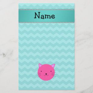 Gepersonaliseerde naam roze kat gezicht turquoise  briefpapier