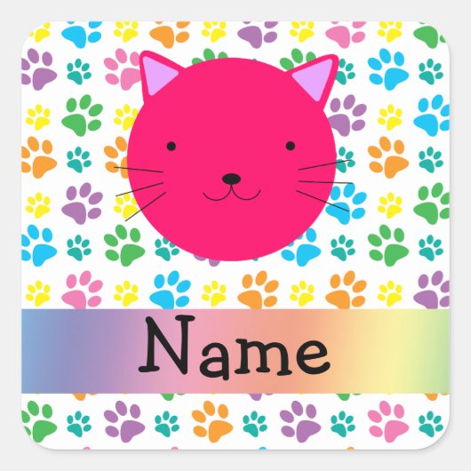 Gepersonaliseerde naam roze kat regenboog poten vierkante sticker (Voorkant)