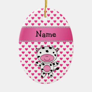Gepersonaliseerde naam roze koe harten poka dots keramisch ornament