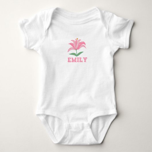 Gepersonaliseerde naam roze lelie bloem baby bodys romper (Voorkant)