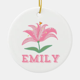 Gepersonaliseerde naam roze lelie bloem baby keramisch ornament