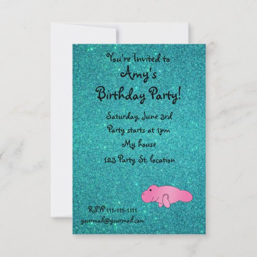 Gepersonaliseerde naam roze manatee turquoise glit kaart (Voorkant)