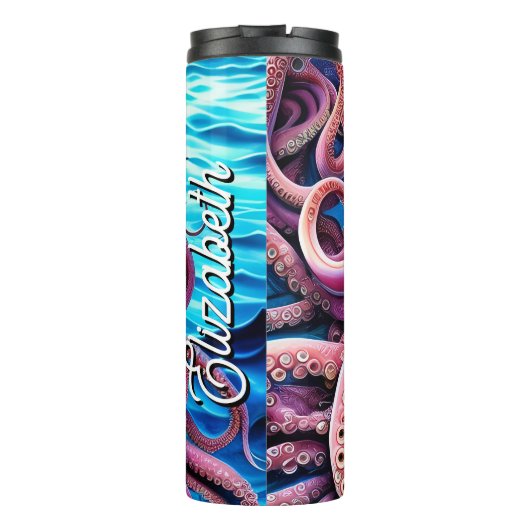 Gepersonaliseerde naam Roze Octopus Blue Ocean Wav Thermosbeker (Achterkant)