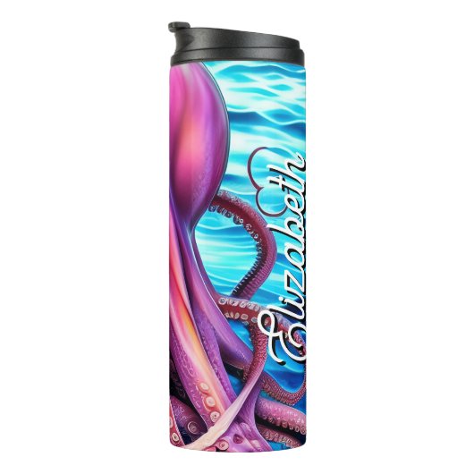 Gepersonaliseerde naam Roze Octopus Blue Ocean Wav Thermosbeker (Geroteerd rechts)
