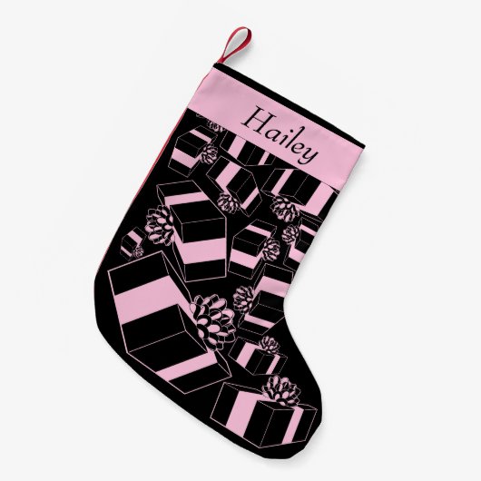  gepersonaliseerde naam roze pakkettenpatroon kleine kerstsok (Voorkant (Hangend))