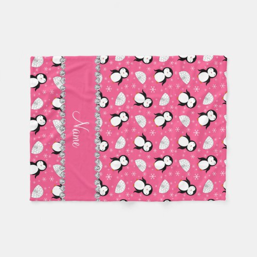 Gepersonaliseerde naam roze pinguïns gooit sneeuwv fleece deken (Voorkant (Horizontaal))