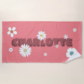 Gepersonaliseerde naam Roze Retro Style Bloemen Strandlaken (Voorkant)