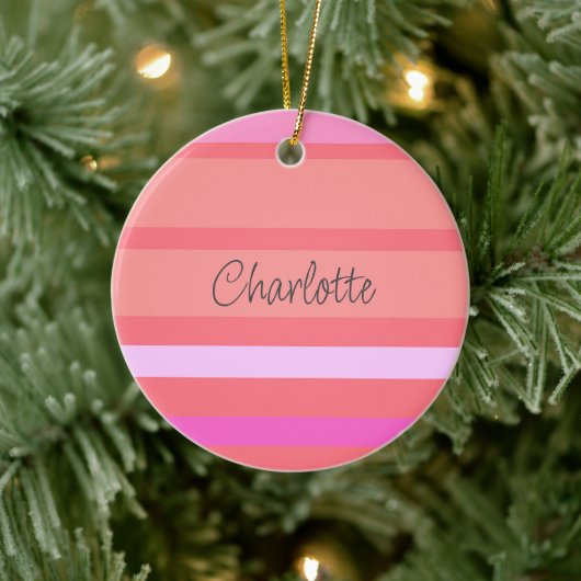 Gepersonaliseerde naam Roze Stripes Kerstmis Keramisch Ornament (Boom)
