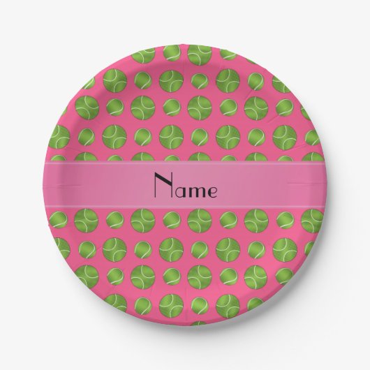 Gepersonaliseerde naam roze tennisballen patroon papieren bordje (Voorkant)