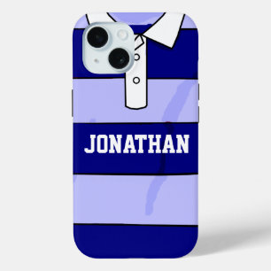 Gepersonaliseerde naam Rugby Jersey Blue Hoops iPhone 15 Case