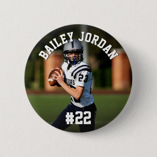 Gepersonaliseerde naam & rugnummer voetbal foto ronde button 5,7 cm
