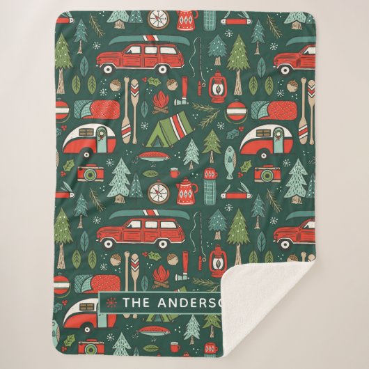 Gepersonaliseerde naam rustieke kerstcamping sherpa deken (Voorkant)