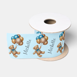 Gepersonaliseerde naam Schattige Beer Gold Blue Ba Satijnen Lint