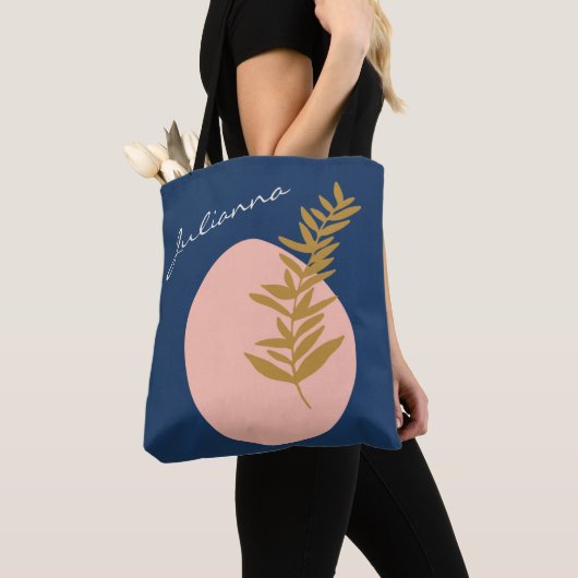 Gepersonaliseerde naam Script Blue Botanical Boho Tote Bag (Dichtbij)
