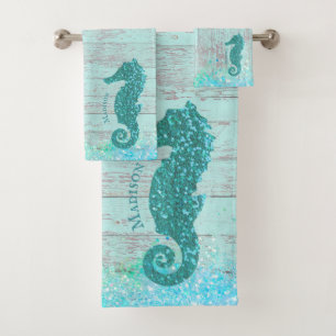 Gepersonaliseerde naam Seahorse Turquoise Wood Rus Bad Handdoek