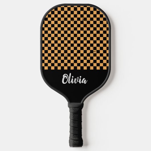 Gepersonaliseerde naam sinaasappel en zwart Checke Pickleball Paddle (Voorkant)