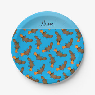 Gepersonaliseerde naam sky blue platypus patroon papieren bordje