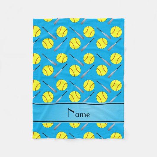 Gepersonaliseerde naam sky blue softball-patroon fleece deken (Voorkant)