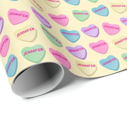 Gepersonaliseerde naam Snoep Hearts - Geel Cadeaupapier (Rol Hoek)