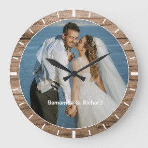 Gepersonaliseerde Naam Trouwfoto Rustiek Hout Lijs Grote Klok